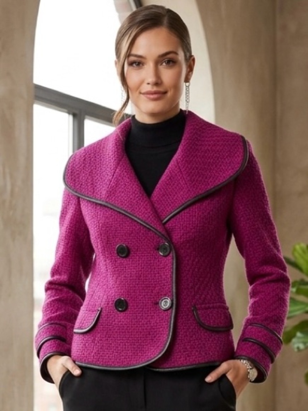Kensie Magenta Double Breasted Peacoat Pink Wool Blend Small